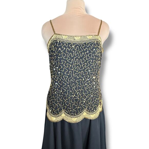Vintage Beaded Black Gold Drop Waist Metallic Sequin Cocktail Dress Sleeveless 4 - Picture 3 of 14